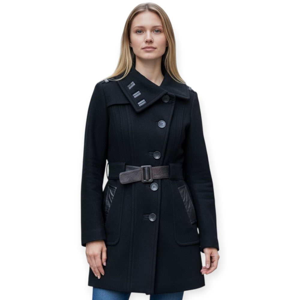 Rudsak Wool Trench Coat with Leather Belt and Trim Black size XS